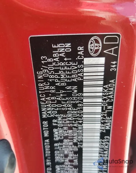 2014 Toyota Corolla L z USA, uszkodzony, nr VIN 2T1BURHE4EC018709